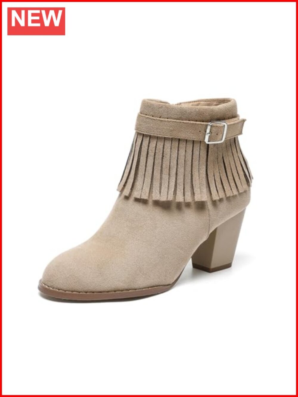 Faux Suede Ankle Booties Chunky Block Heel Tassel Side Zip Fleece Lined
